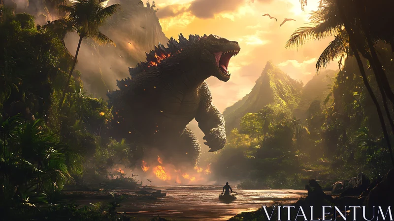 Giant reptilian monster roars above jungle river at sunset.