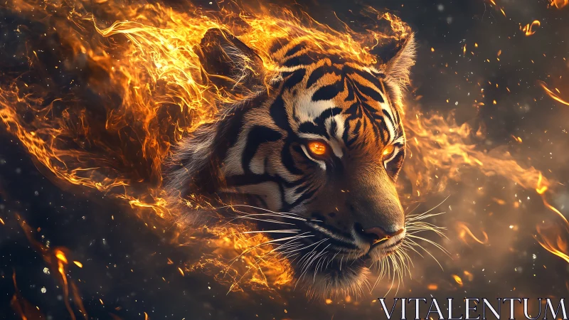 Fiery tiger head emerges through swirling molten flames
