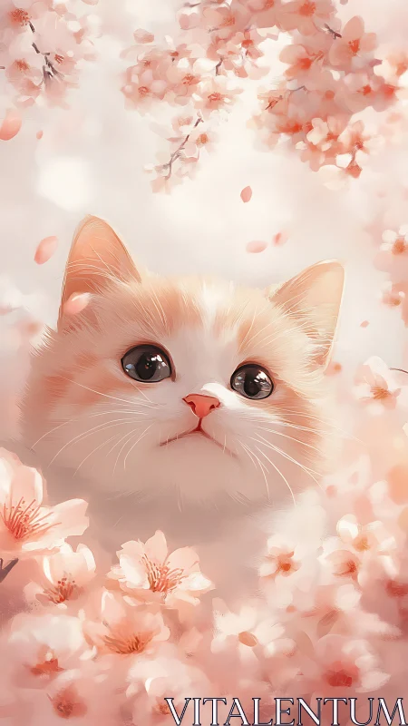 Serene White Cat Surrounded by Blossoms and Soft Pink Flowers