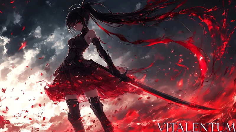 Dark anime swordswoman stands amid swirling crimson energy