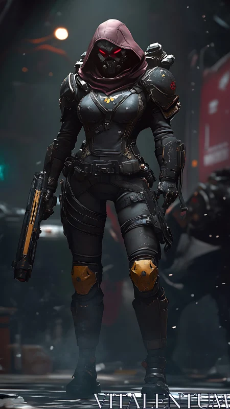 Armored cyber-assassin advances through neon-lit industrial corridor