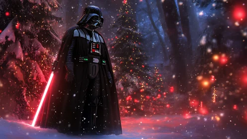 Armored figure with red lightsaber in snowy forest scene.