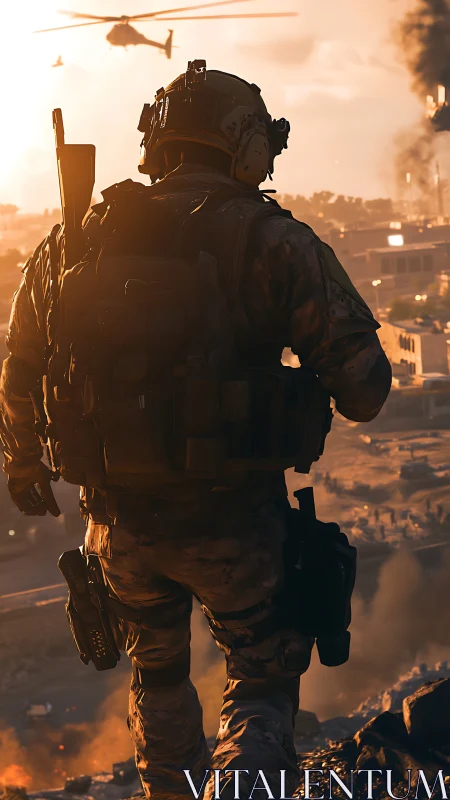 Sunlit soldier overlooking a city caught in smoky turmoil.