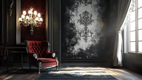 Velvet armchair beside ornate wall in moody baroque parlor.