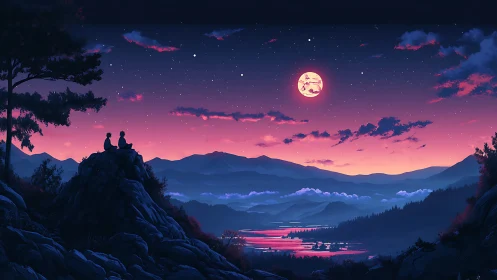 Moonlit storytellers rest above rivers painted in dusk