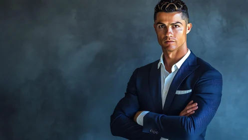 Man in navy suit crosses arms against textured gray wall