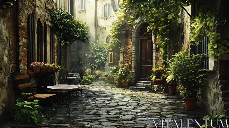 Sunlit stone alleyway cradling vines, doors, and daydreams.