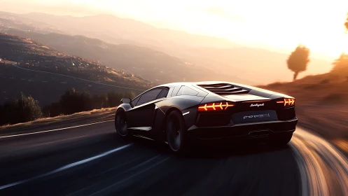 Sleek supercar powers through sunset mountain highway turns.