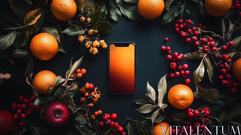 Smartphone lies amid vibrant citrus and berry still life.