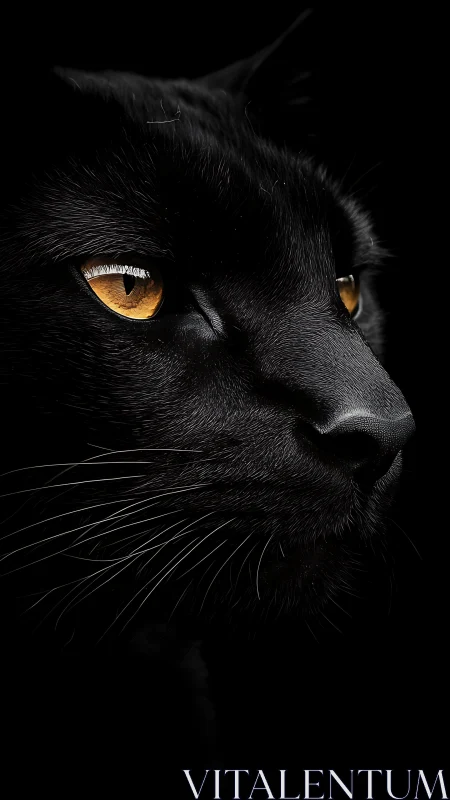 Black Cat Portrait with Golden Eyes Against Dark.