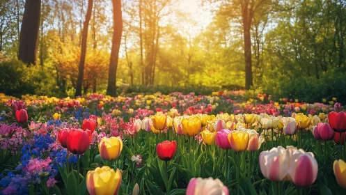 Spring Tulip Garden in Sunlit Forest