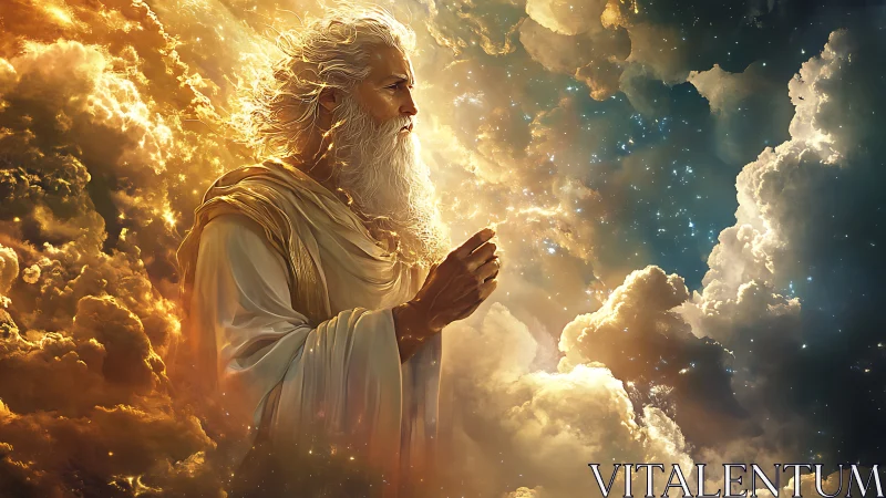 Elderly robed figure stands in glowing celestial clouds.