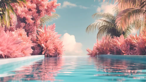 Cotton candy palms guarding a dreamy pastel infinity pool.