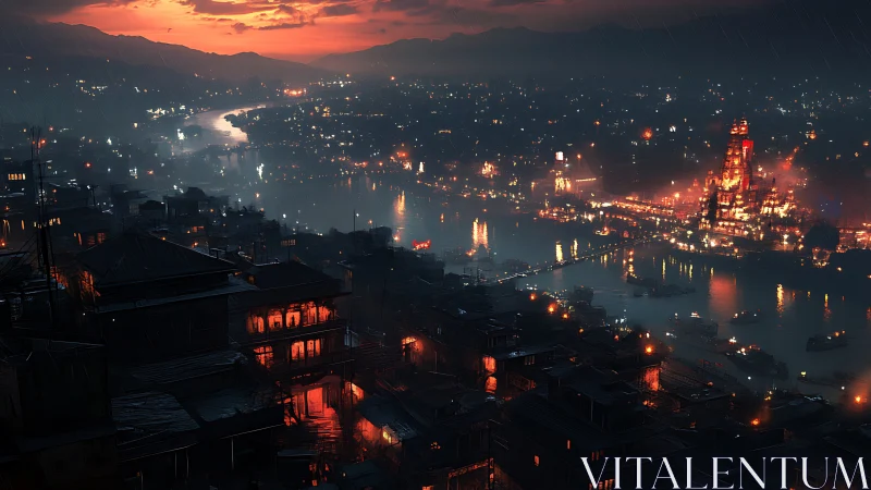 Riverfront city glowing with lantern lights at rainy dusk.