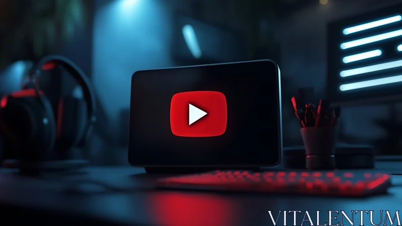 Neon-lit desktop tablet displaying red play button interface.