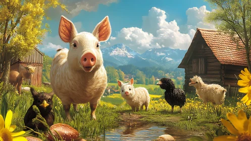 Sunlit piglet ensemble explores idyllic alpine farm meadow