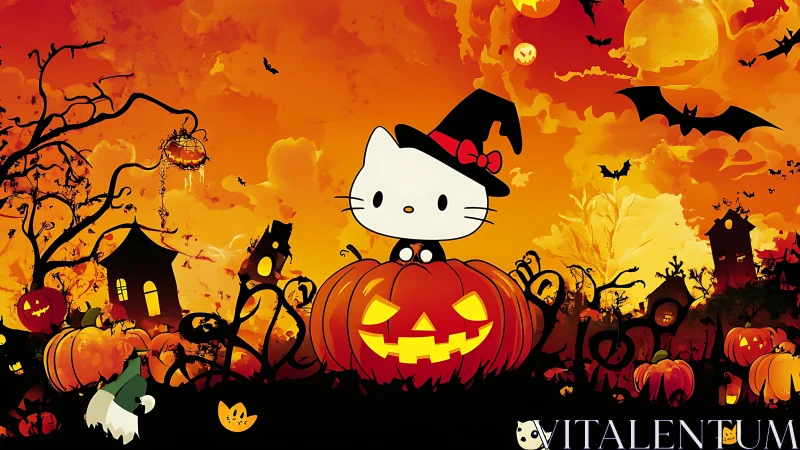 Cartoon cat character sits in pumpkin-based Halloween scene