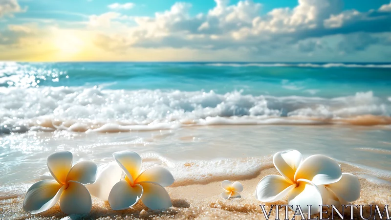 Tropical plumeria blossoms on sunlit wave-kissed shoreline.