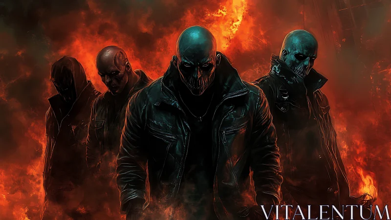 Infernal skull gang striding through a storm of fire.