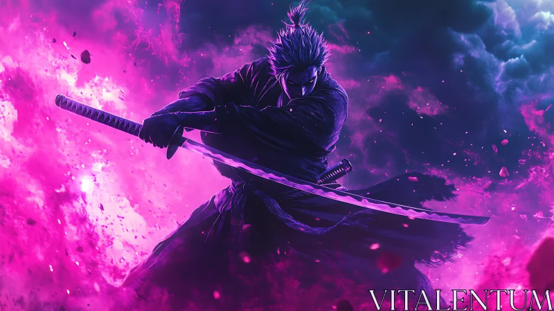 Samurai warrior with dual katanas in neon energy field.