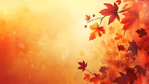Autumn maple leaves on warm orange and yellow background.