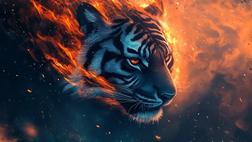Tiger head rendered in blue light with surrounding orange fire