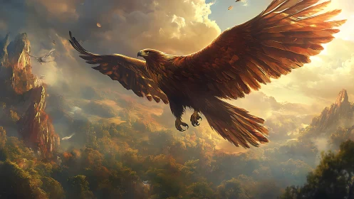 Majestic Eagle Soaring Over Fantasy Mountain Landscape at Sunrise.