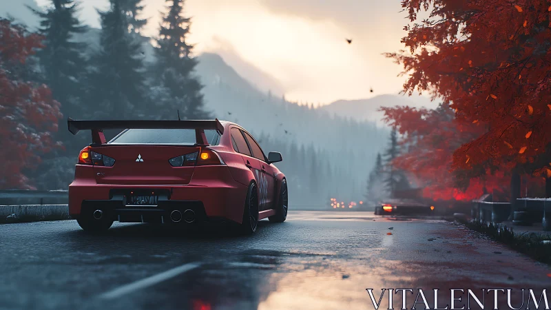 Crimson sports car glides through misty autumn mountain road