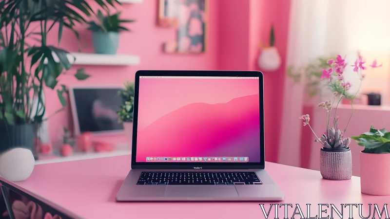 Aluminum laptop in monochrome pink workspace environment.