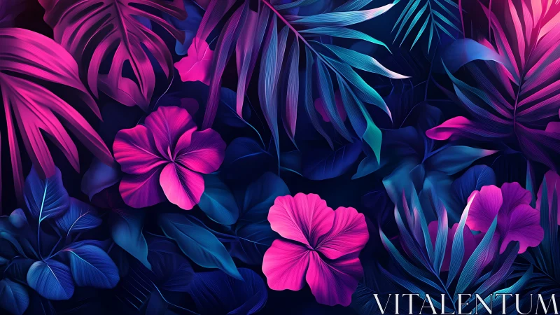 Neon tropical foliage surrounds vivid hibiscus blooms