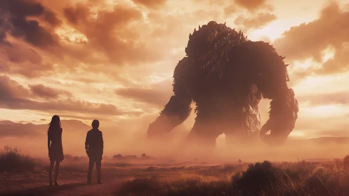 Sunset mist introduces two wanderers to a colossal titan