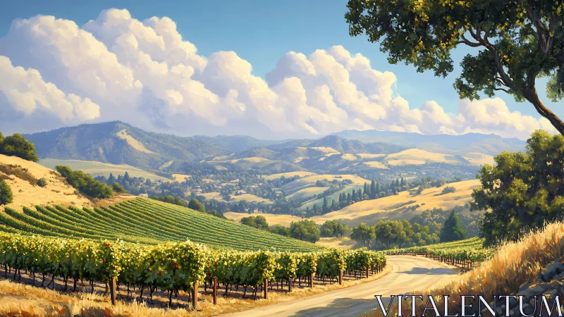 Sunlit vineyard valley rendered in high-detail digital painting