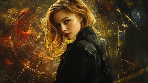 Cybernetic vortex portrait with luminous circular interface.