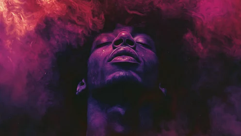 Dream-soaked portrait drifting in neon cosmic clouds.