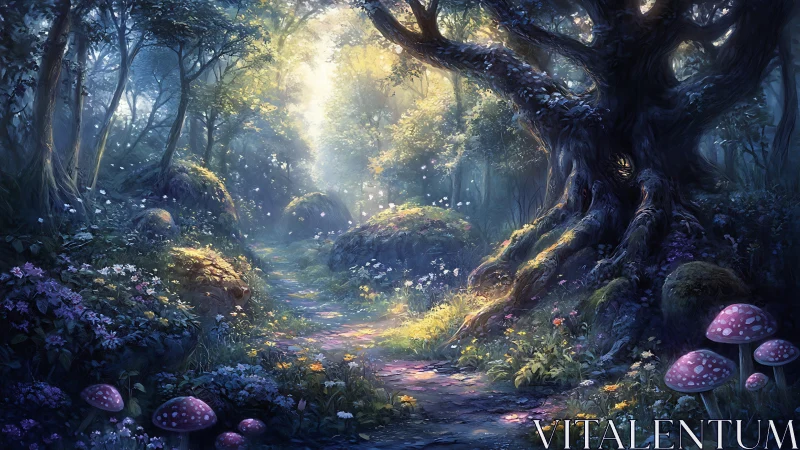 Enchanted Forest Path with Luminous Trees and Magical Fungi.