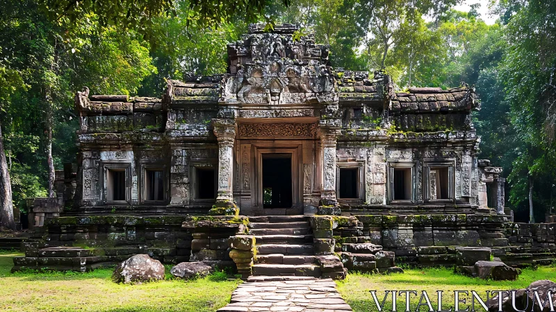 Ancient stone temple facade amid dense jungle canopy.