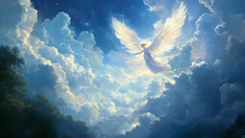Luminous angel ascends through radiant clouds in tranquil sky