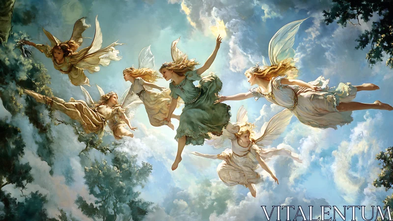 Sky-dancing fae chorus swirling through sunlit clouds.