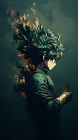 Brooding green haired anime hero in dissolving energy silhouette.