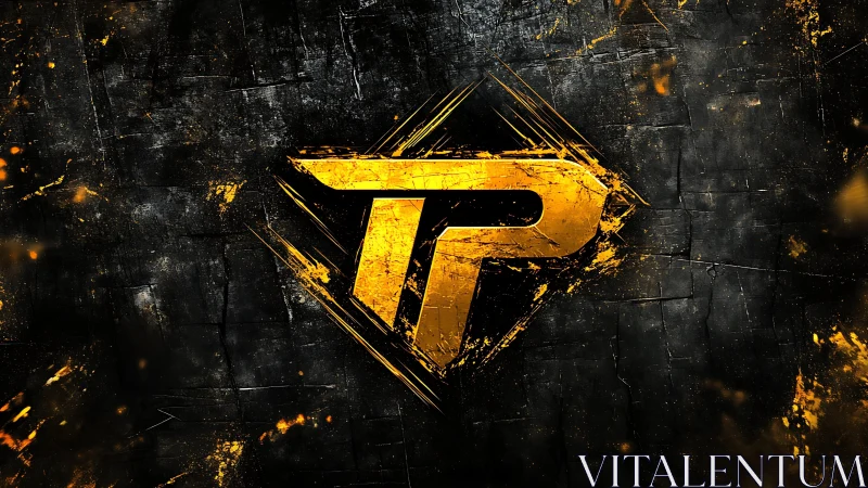 Gold TP monogram logo with grunge splatter effects on black.