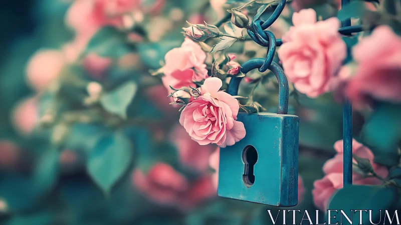 Blue Lock with Pink Roses in Garden Setting.