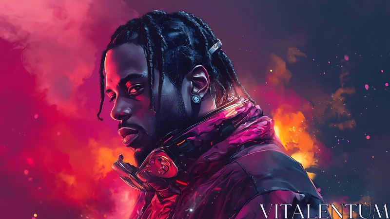 Vivid digital portrait of brooding man in neon flames.