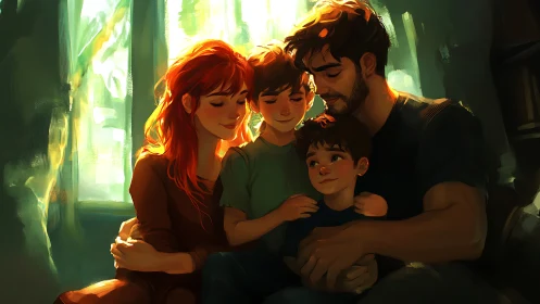 Family Gathered in Luminous Green Interior Space