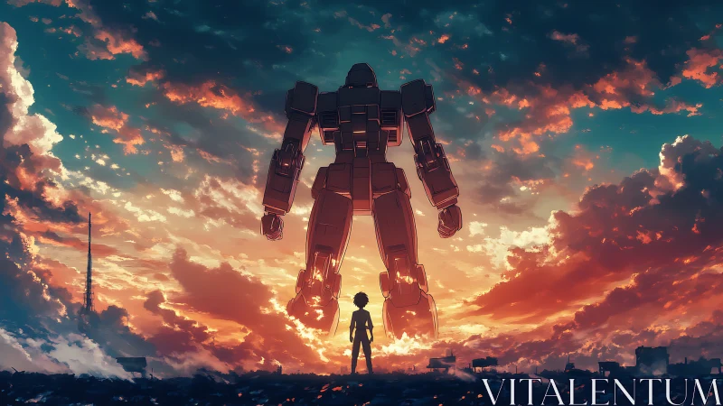 Colossal mecha silhouette confronts lone child at blazing sunset