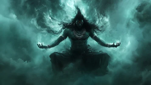 Dark humanoid figure levitates within dense teal atmospheric mist