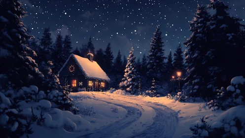 Digital painting of cozy cabin in snowy nocturne forest scene.