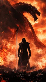Warrior faces fire dragon amid apocalyptic inferno.