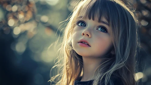 Young figure with straight hair rendered with soft lighting and bokeh background