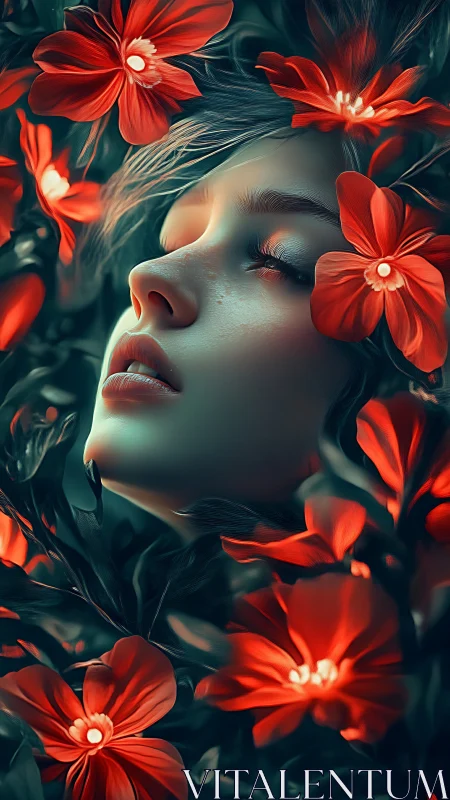 Hypnotic bioluminescent portrait entwined in crimson flora.