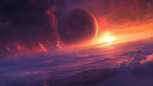 Planet rises through molten clouds over a twilight ocean sky